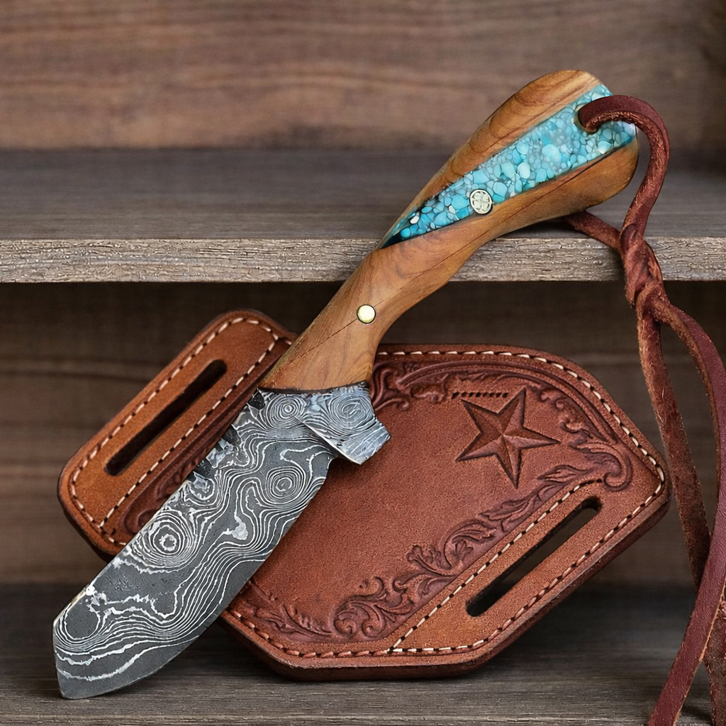 7" Handcrafted Damascus Steel Field Tool Olive Wood & Resin Handle - Leather Sheath