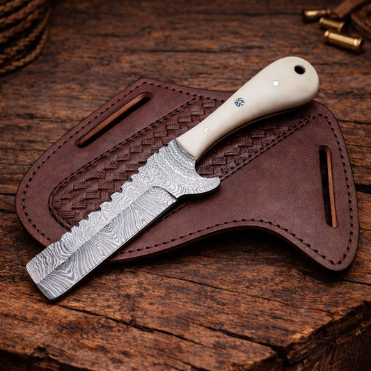 Handcrafted 8" Damascus Steel Field Work Western Cowboy Tool with Leather Sheath