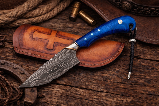 Handcrafted 8" Damascus Steel Field Work Western Cowboy Tool with Leather Sheath