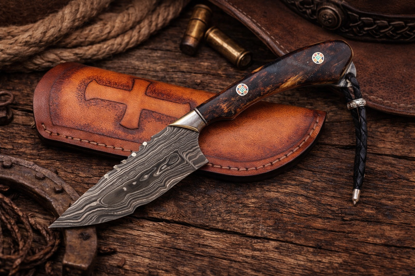 Handcrafted 8" Damascus Steel Field Work Western Cowboy Tool with Leather Sheath