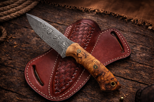 Handcrafted 7" Damascus Steel Field Work Western Cowboy Tool with Leather Sheath