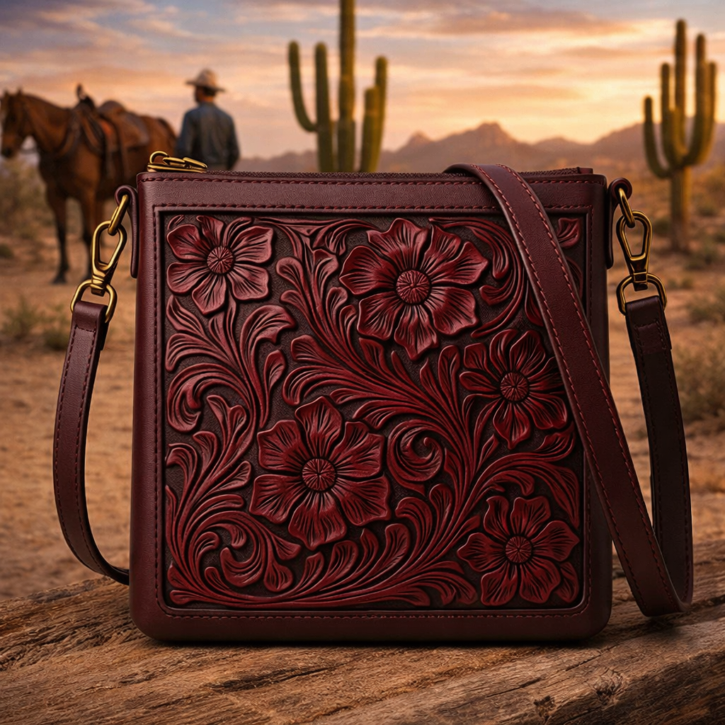 Premium Hand-Tooled Purple Leather Cowgirl Crossbody Bag - Handcrafted Western Ladies Bag