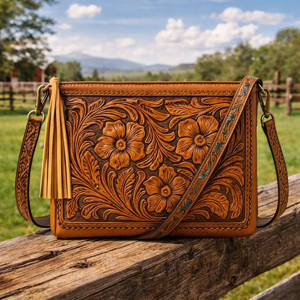 Premium Hand-Tooled Brown Leather Cowgirl Handbag - Handcrafted Western Ladies Bag