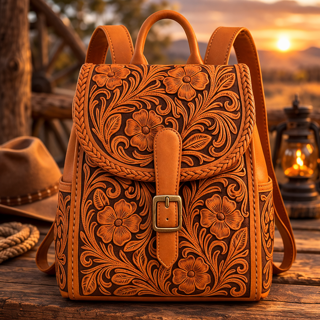 Premium Hand-Tooled Western Leather Backpack with Buckle - Handcrafted Cowgirl Rucksack