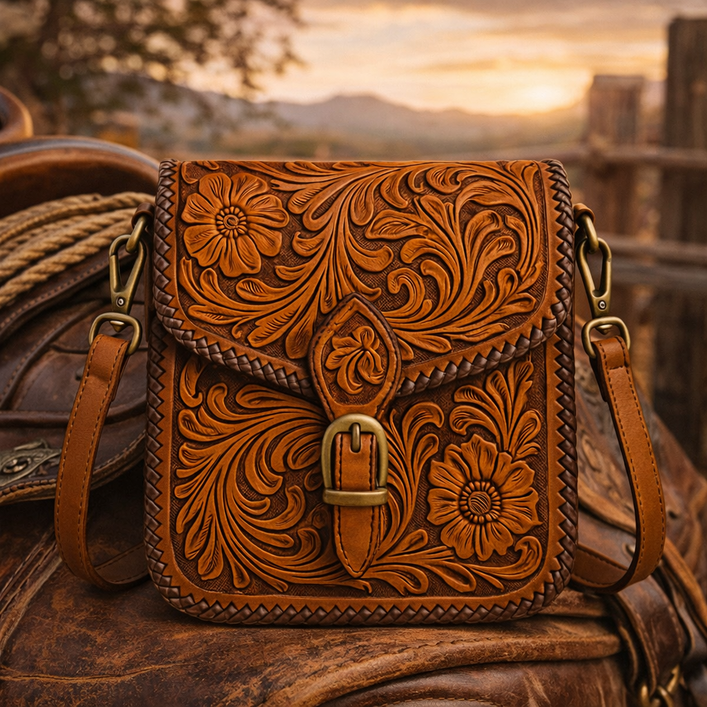 Premium Hand-Tooled Western Leather Cowgirl Crossbody Bag with Buckle - Handcrafted Shoulder Bag