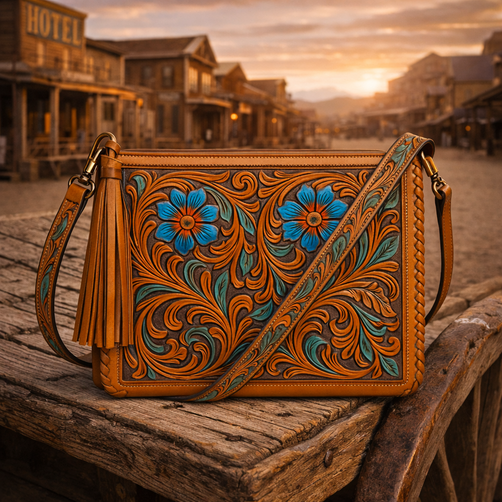 Premium Hand-Tooled Western Leather Crossbody Bag in Turquoise - Handcrafted Ladies Shoulder Bag