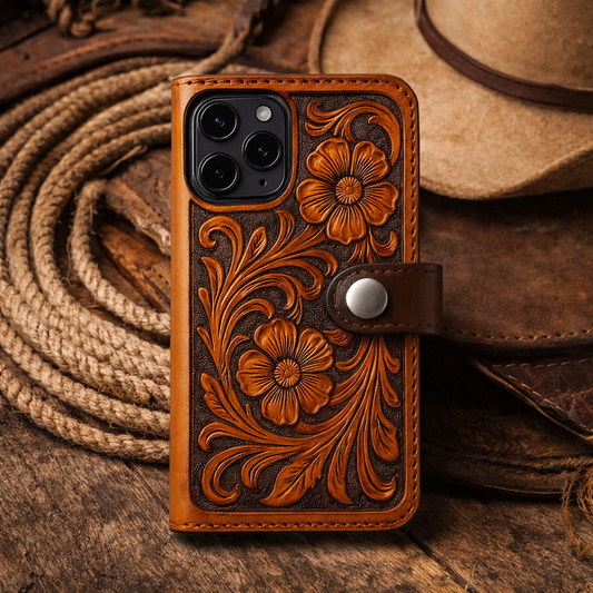 Premium Hand-Tooled Western Leather iPhone Case - Handcrafted Phone Cover