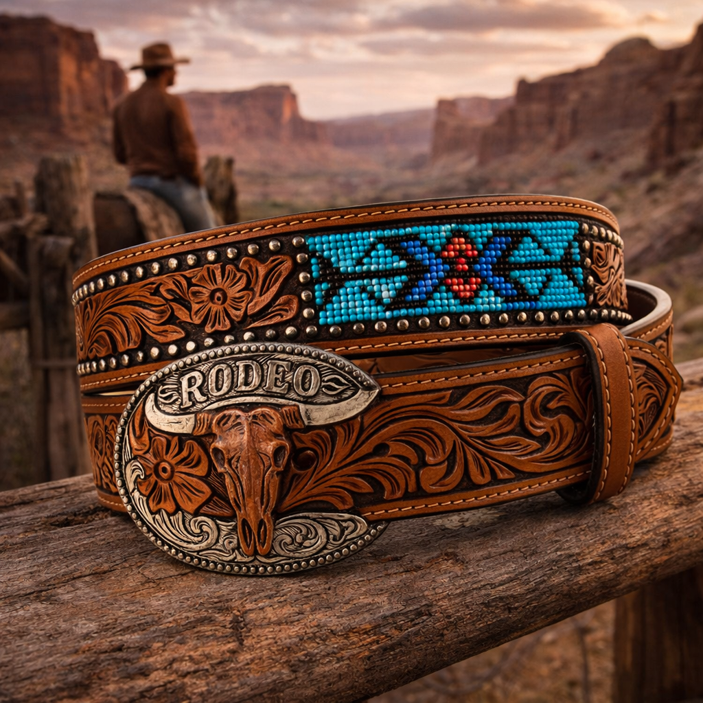 Premium Hand-Tooled Brown Leather Belt with Silver Bull Buckle - Handcrafted Western Cowboy Style