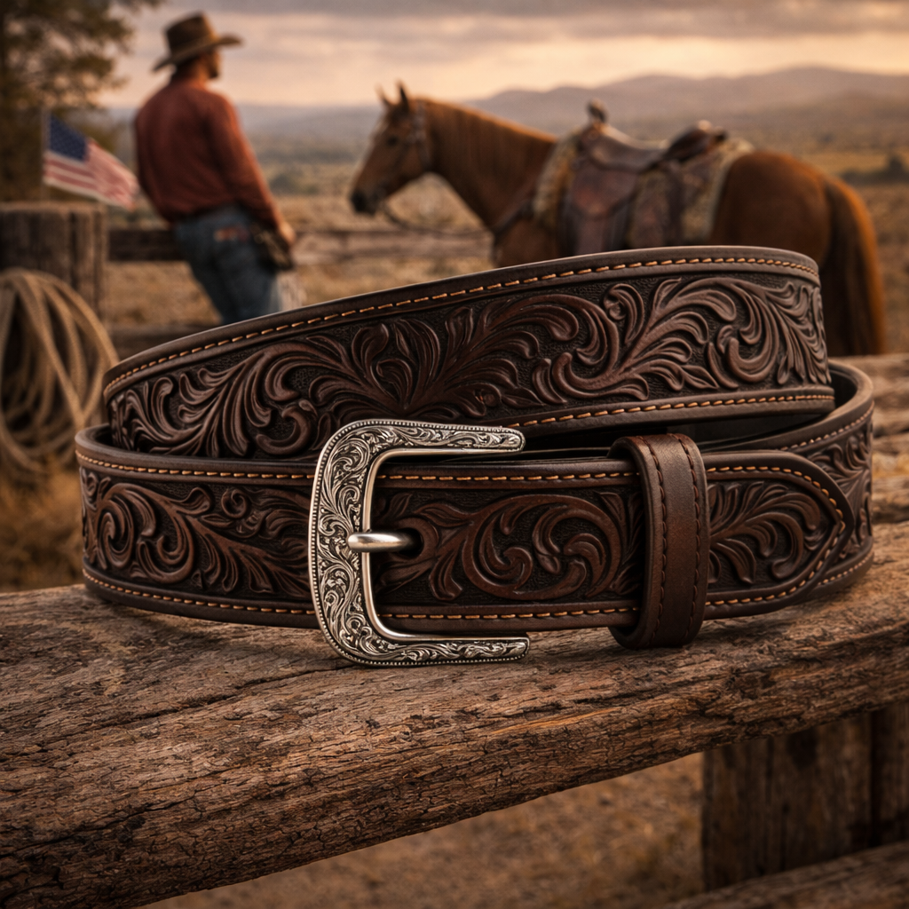 Premium Hand-Tooled Chocolate Leather Belt with Silver Buckle - Handcrafted Western Cowboy Style
