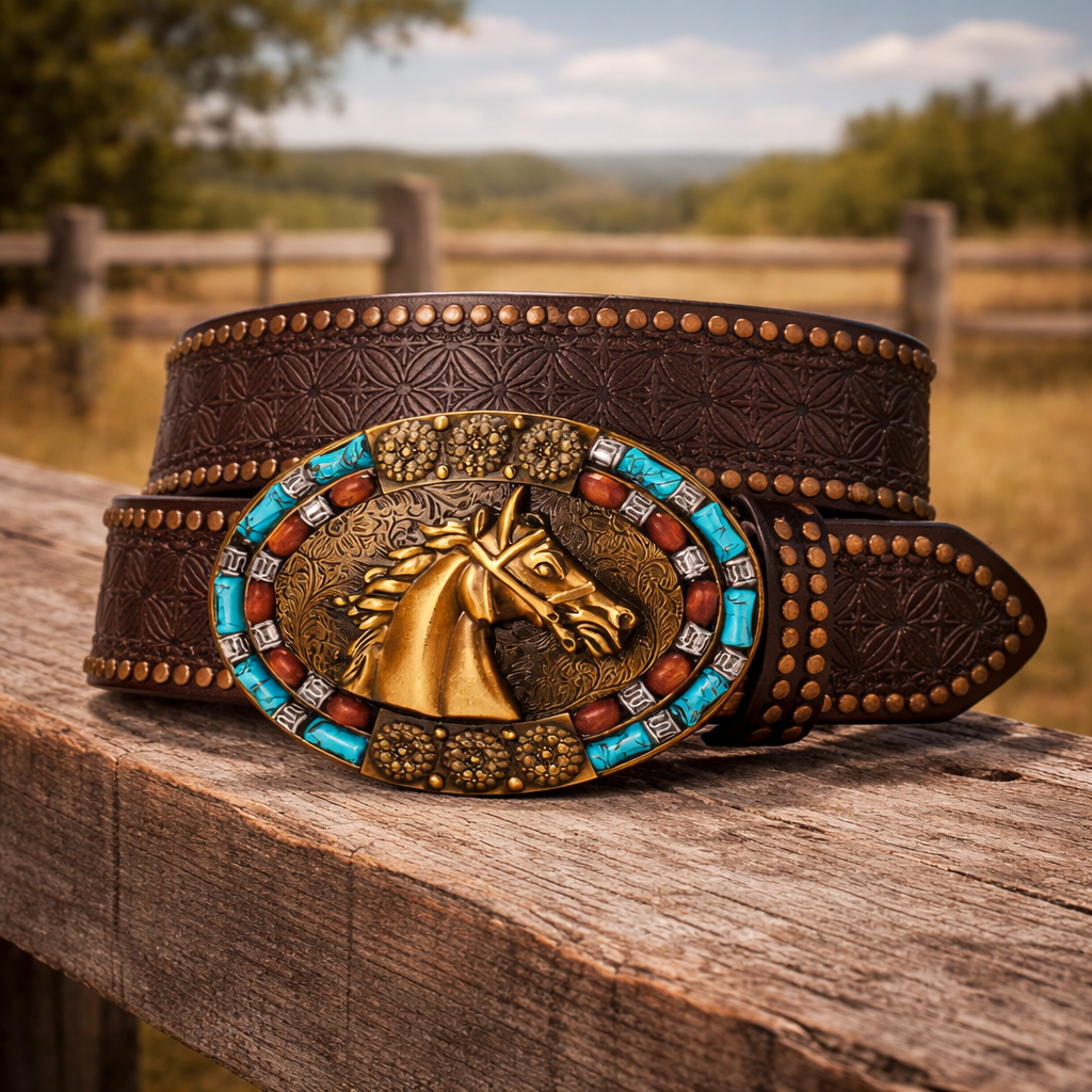 Premium Hand-Tooled Chocolate Leather Belt with Horse Brass Buckle & Turquoise Stones - Handcrafted Western Cowboy Style
