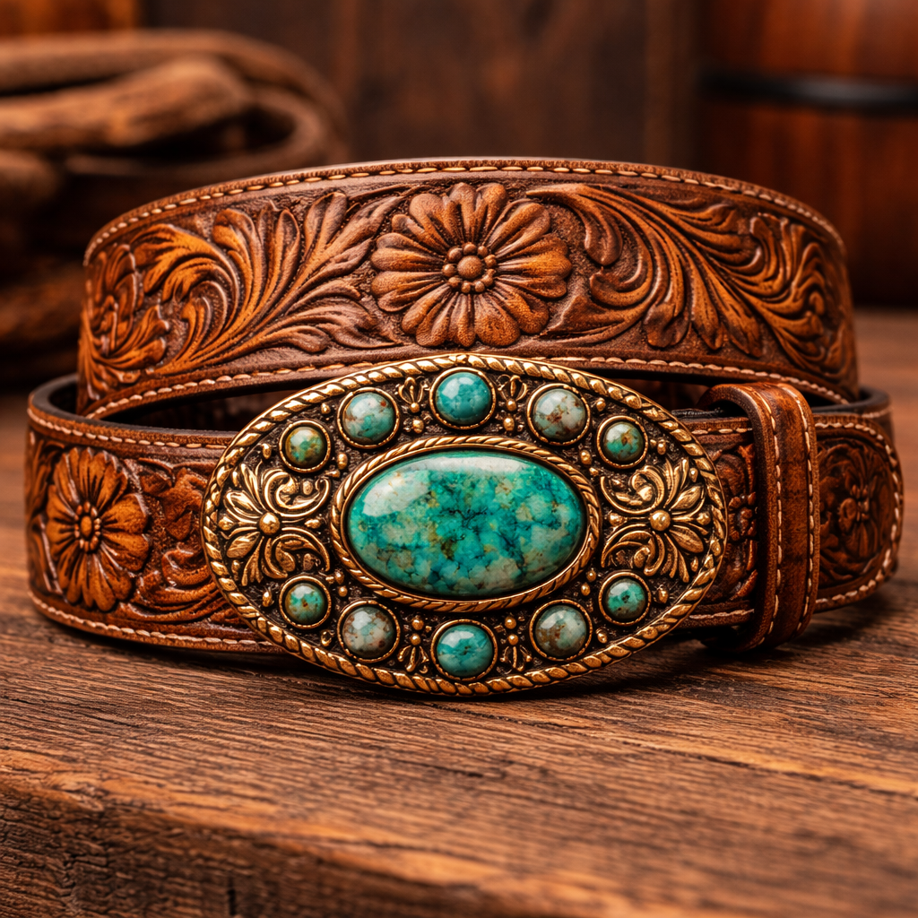 Premium Hand-Tooled Western Leather Belt with Rustic Brass Buckle & Turquoise Stones - Handcrafted Cowboy Style