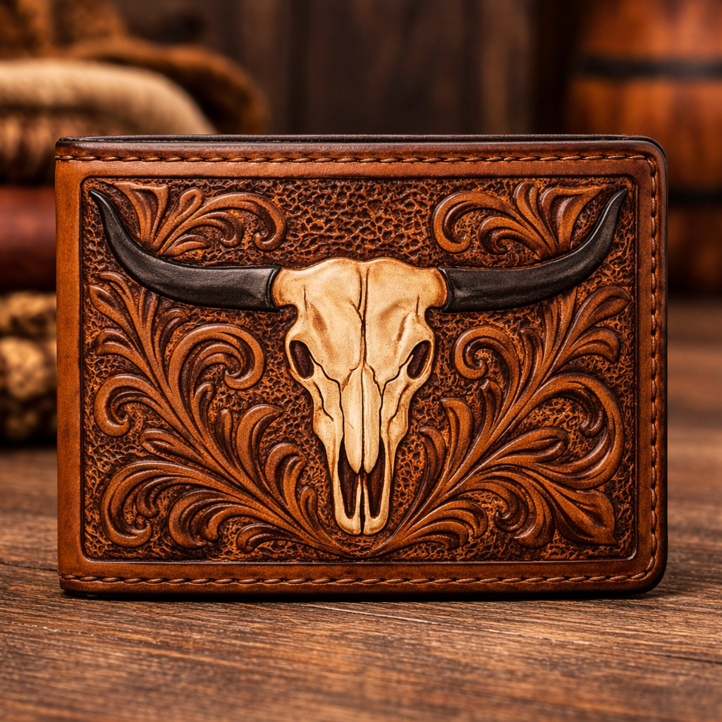 Premium Hand-Tooled Cowboy Leather Wallet with Bull Skull Design - Handcrafted Western Bifold
