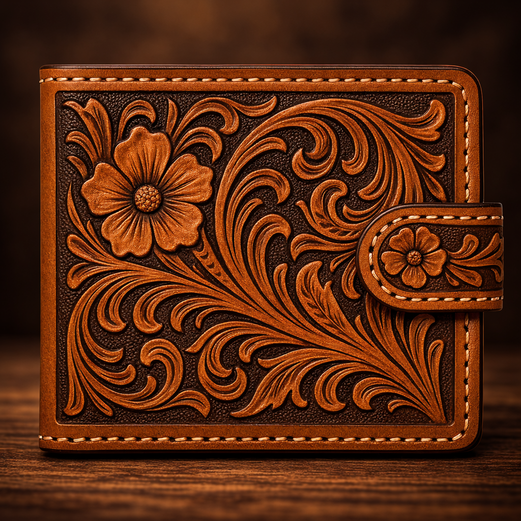 Premium Hand-Engraved Brown Leather Cowboy Wallet - Handcrafted Western Gents Bifold
