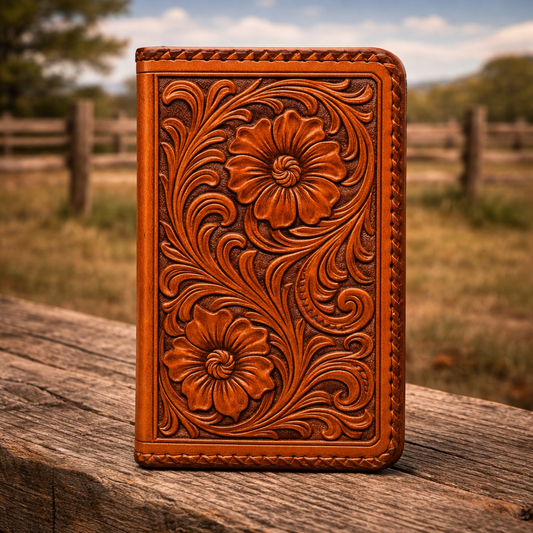 Premium Hand-Tooled Western Brown Leather Purse - Handcrafted Ladies Clutch