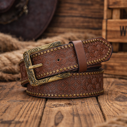 Men's Western Leather Belt Handcrafted Brown Tooled Leather 117cm
