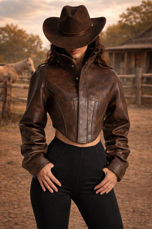 Vintage Vegan Leather Corset Jacket – Brown High Neck