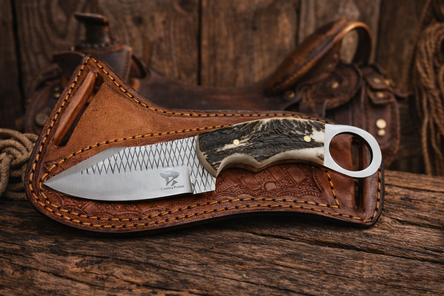 7" Handcrafted Rasp File Steel Field Tool Antler Handle - Leather Sheath