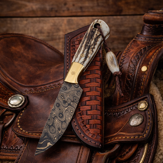 Handcrafted 7" Hand Forged Field Work Raindrop Pattern Western Tool with Leather Sheath
