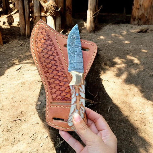 Handcrafted 7" Hand Forged File Work Cowboy Tool with Western Leather Sheath