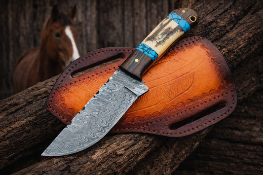 8" Handcrafted Damascus Steel Field Tool Antler Turquoise & Wenge Wood Handle - Leather Sheath