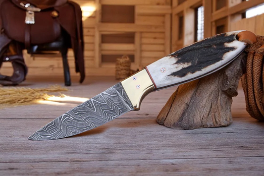7" Handcrafted Damascus Steel Field Tool Antler Handle - Leather Sheath