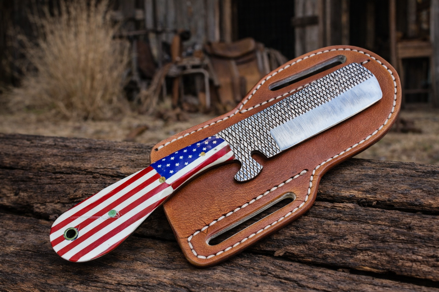Handcrafted Cowboy Rasp Steel Bull Cutter with American Flag Handle & Western Leather Sheath