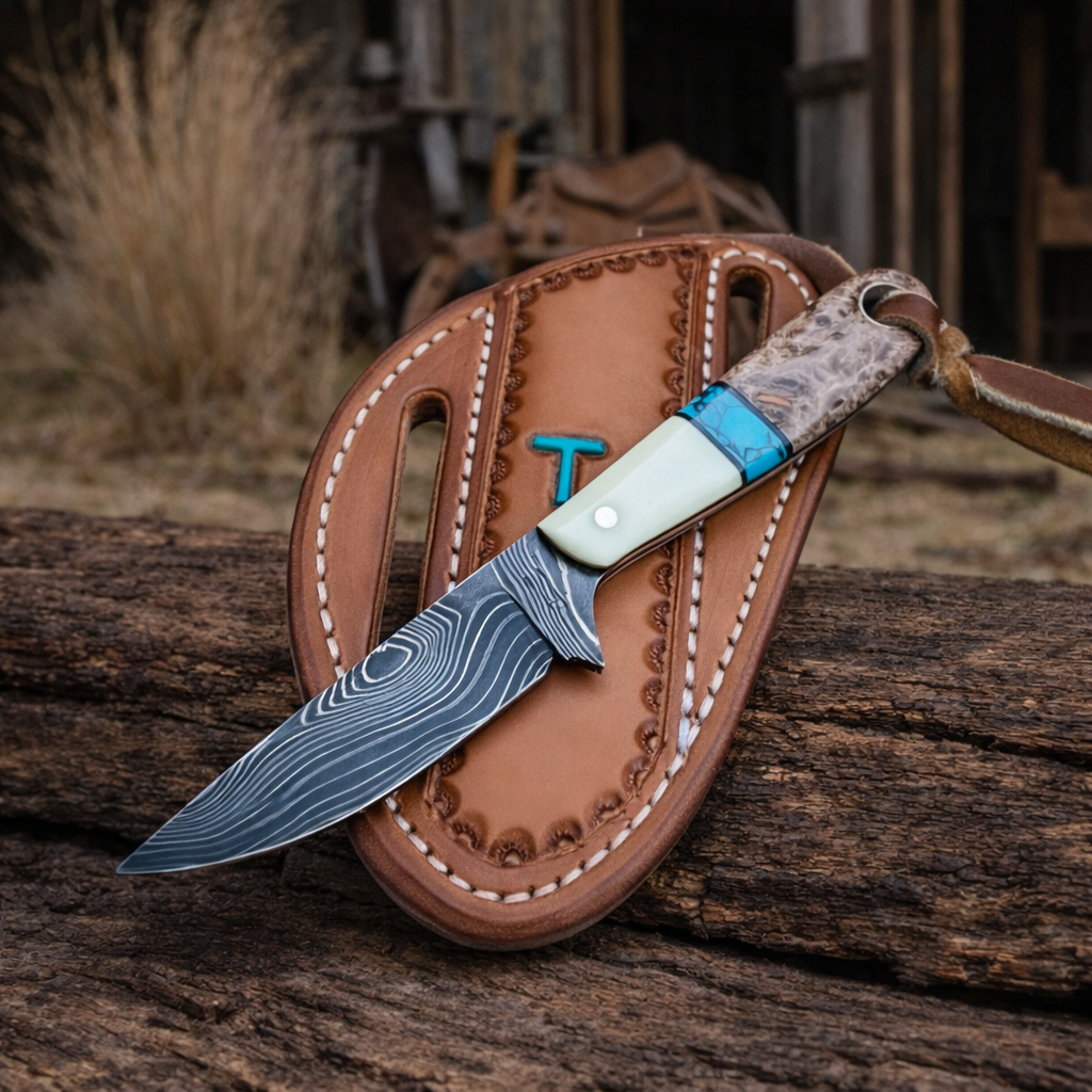 7" Handcrafted Damascus Steel Field Tool Bone Turquoise & Walnut Handle - Leather Sheath