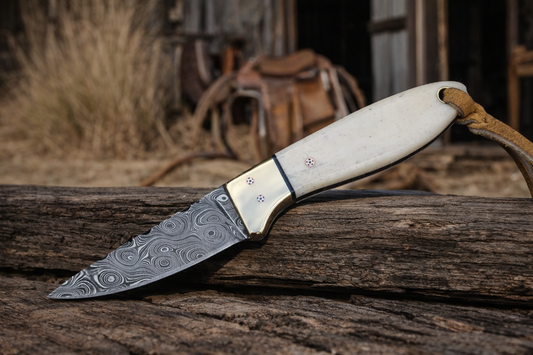7" Handcrafted Damascus Steel Field Tool Genuine Bone Handle - Leather Sheath