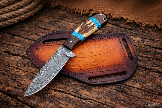 Handcrafted Cowboy Damascus Steel Working Field Tool 4" Cutting With Western Leather Sheath