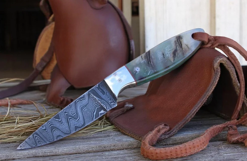 7" Handcrafted Damascus Steel Field Work Tool Sheep,Antler,Bone & wood Handle - Leather Sheath
