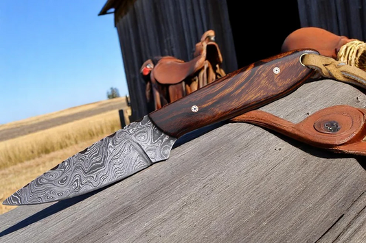 7" Handcrafted Damascus Steel Field Tool Ironwood Handle - Leather Sheath