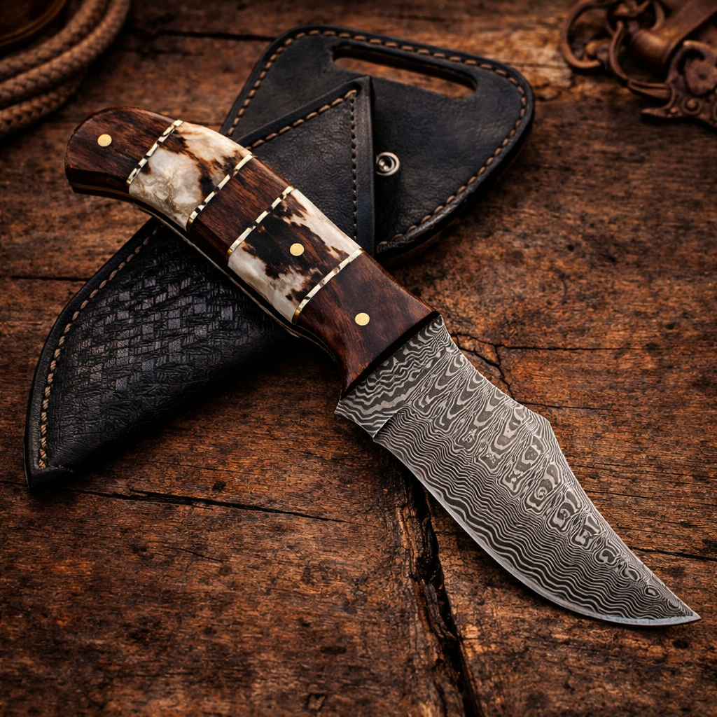 Handcrafted Cowboy Damascus Steel Skinning Knife with Wood & Antler & Western Leather Sheath