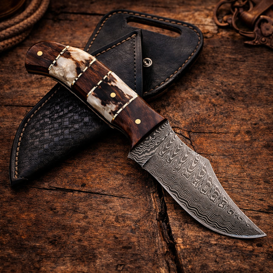 Handcrafted Cowboy Damascus Steel Skinning Knife with Wood & Antler & Western Leather Sheath