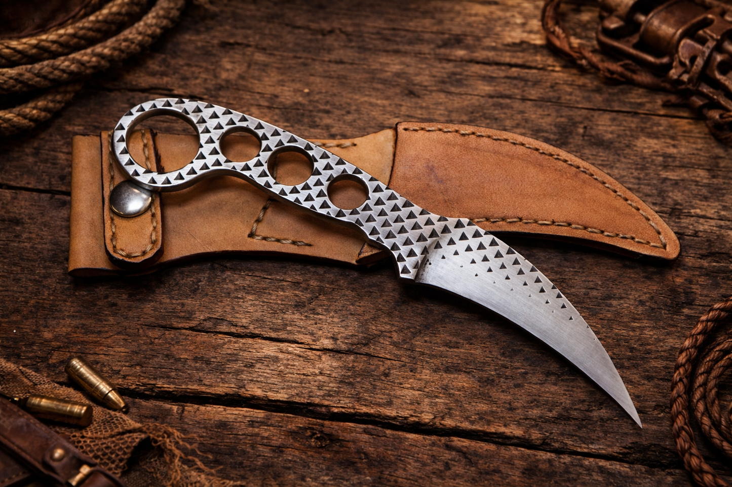 Handcrafted Cowboy Rasp File Steel Karambit & Western Leather Sheath