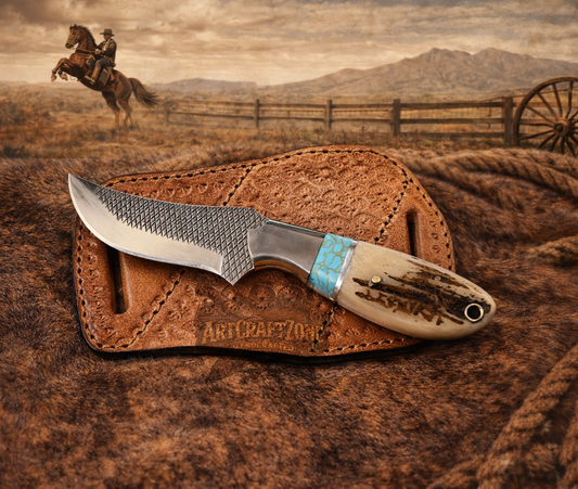 7" Handcrafted Farrier Rasp Steel Field Tool Antler & Turquoise Handle - Leather Sheath