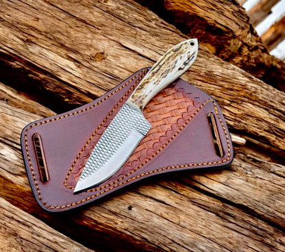 8" Handcrafted File Rasp Steel Field Tool Antler Handle - Leather Sheath