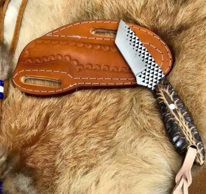 Handcrafted Cowboy Tanto Style Rasp Steel Working Field Tool with Pinecone & Western Leather Sheath