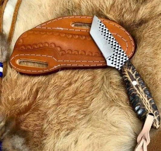 Handcrafted Cowboy Tanto Style Rasp Steel Working Field Tool with Pinecone & Western Leather Sheath