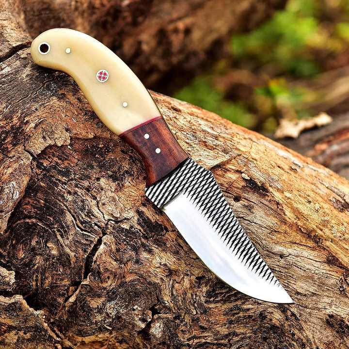 7" Handcrafted Rasp Steel Field Tool Bone & Wood Handle - Leather Sheath