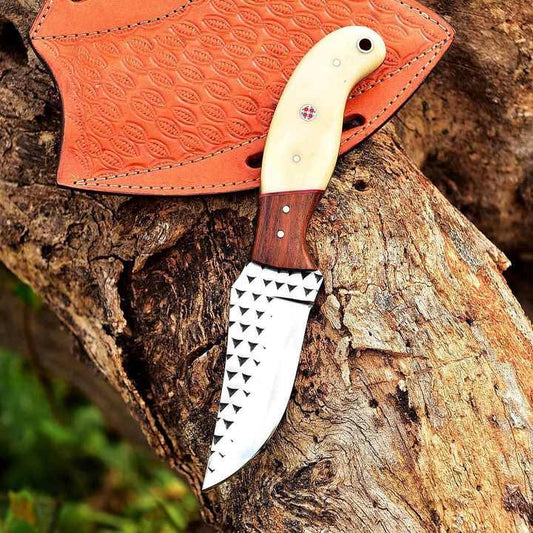 7" Handcrafted Rasp Steel Field Tool Bone & Wood Handle - Leather Sheath