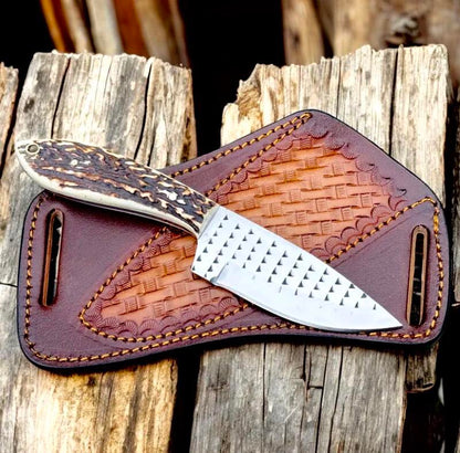 8" Handcrafted File Rasp Steel Field Tool Antler Handle - Leather Sheath