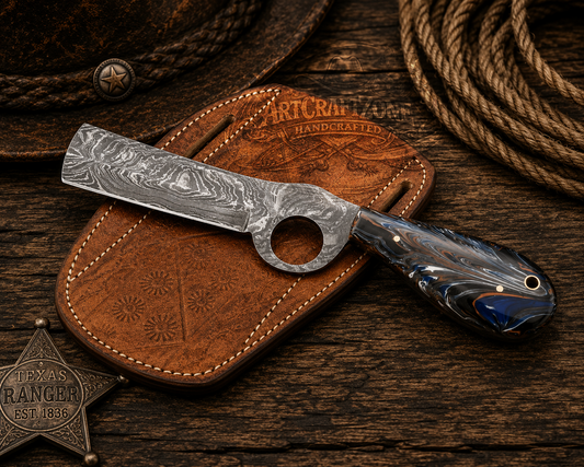 8" Handcrafted Bull Cutter Premium Damascus Steel Resin Handle - Leather Sheath