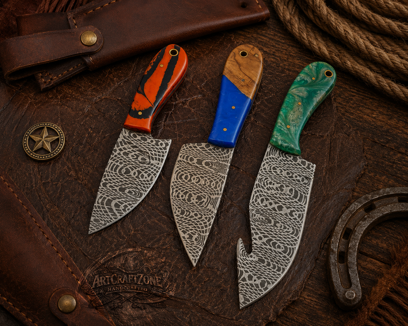 Handcrafted EDC Skinning Premium Damascus Western Cowboy Field Work Tool with Leather Sheath