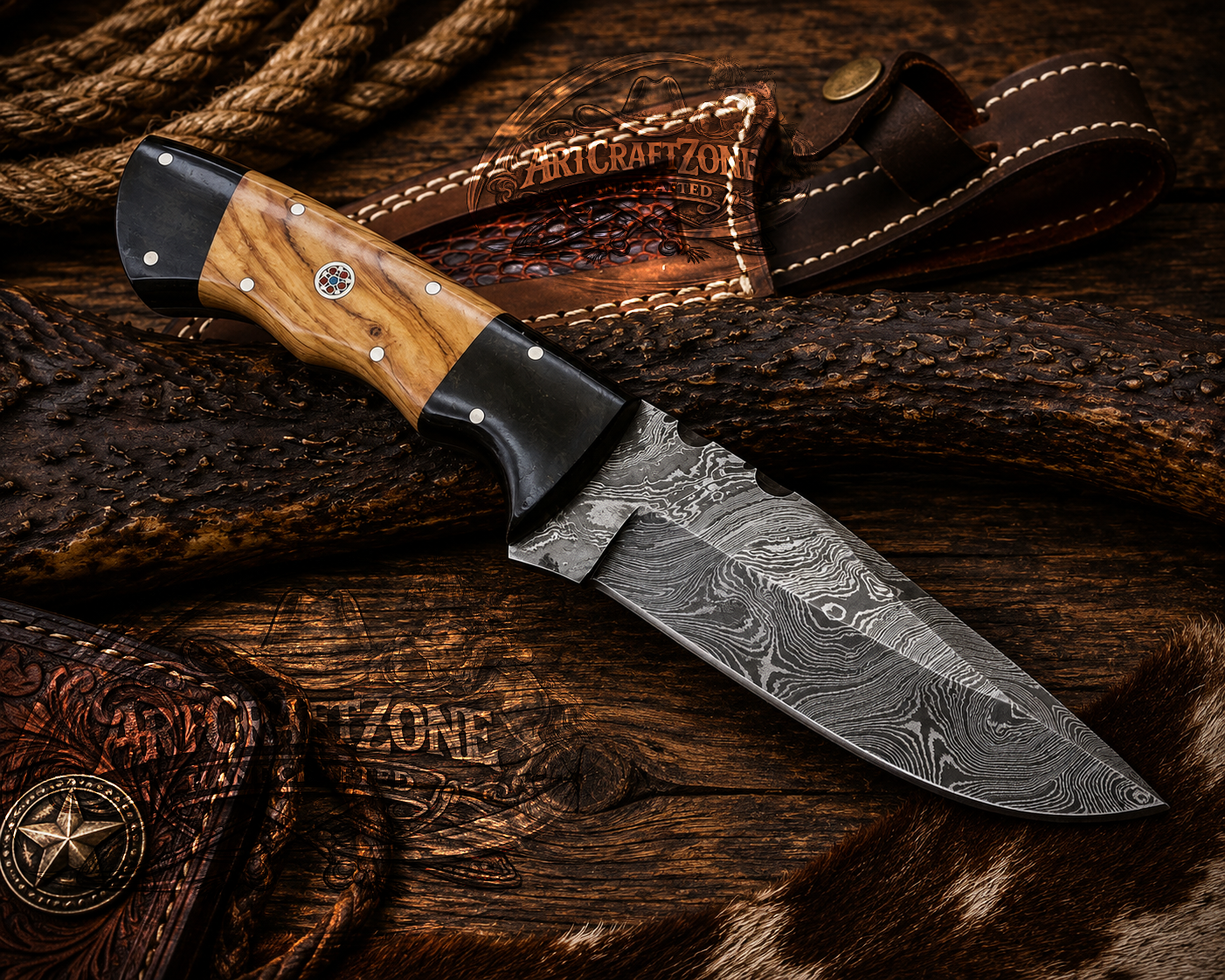 9" Handcrafted Skinning Knife Damascus Steel Micarta & Wood Handle - Leather Sheath