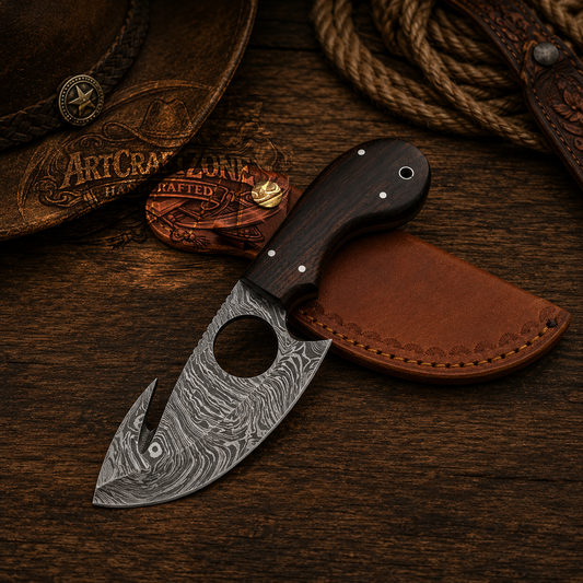 7" Handcrafted Gut Hook Skinning Tool Damascus Steel Iron Wood Handle - Leather Sheath