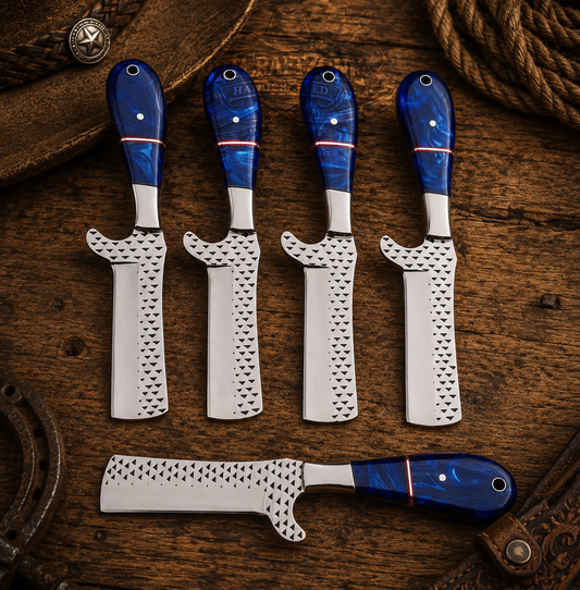 8" Handcrafted Rasp Steel Bull Cutter Blue Resin Handle - Leather Sheath