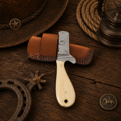 6" Handcrafted Bull Cutter Damascus Steel White Camel Bone Handle - Leather Sheath