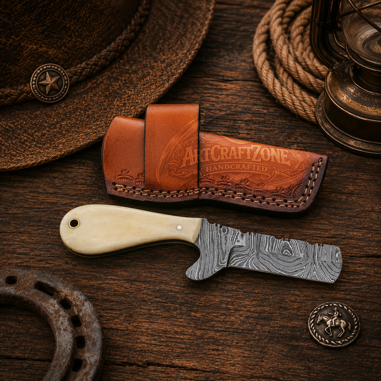 Handcrafted 7" Western Cowboy Bull Cutter With Leather Sheath