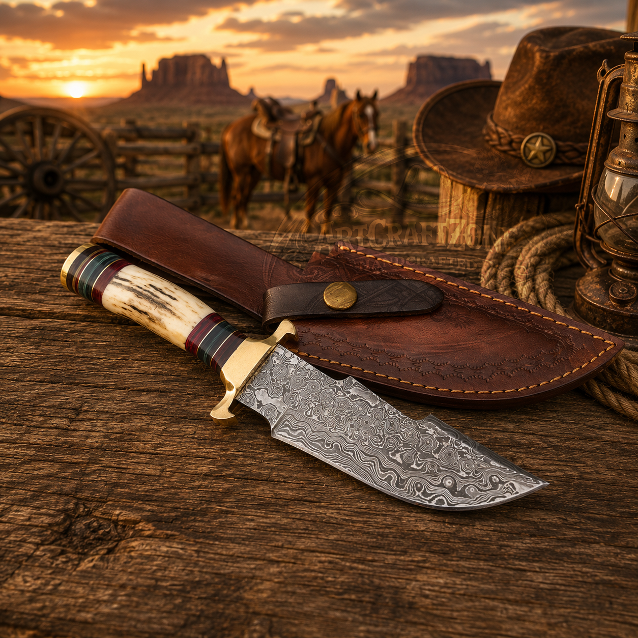 Handcrafted Skinning Raindrop Damascus Western Cowboy Field Work Tool with Leather Sheath