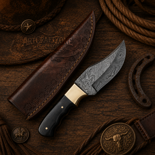 Handcrafted Skinning Premium Damascus Western Cowboy Field Work Tool with Leather Sheath